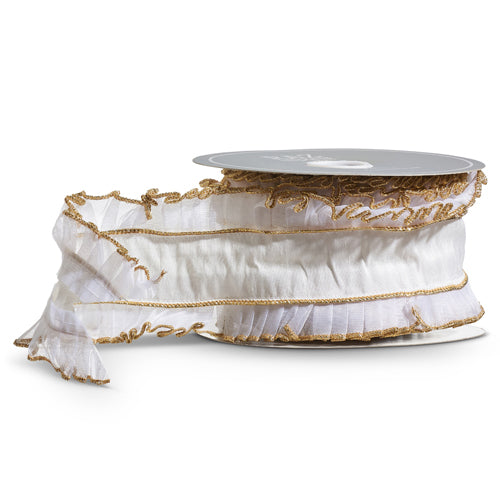 IVORY RIBBON WITH GOLD TRIM RUFFLES 4 INCH X 10 YARDS R4471772