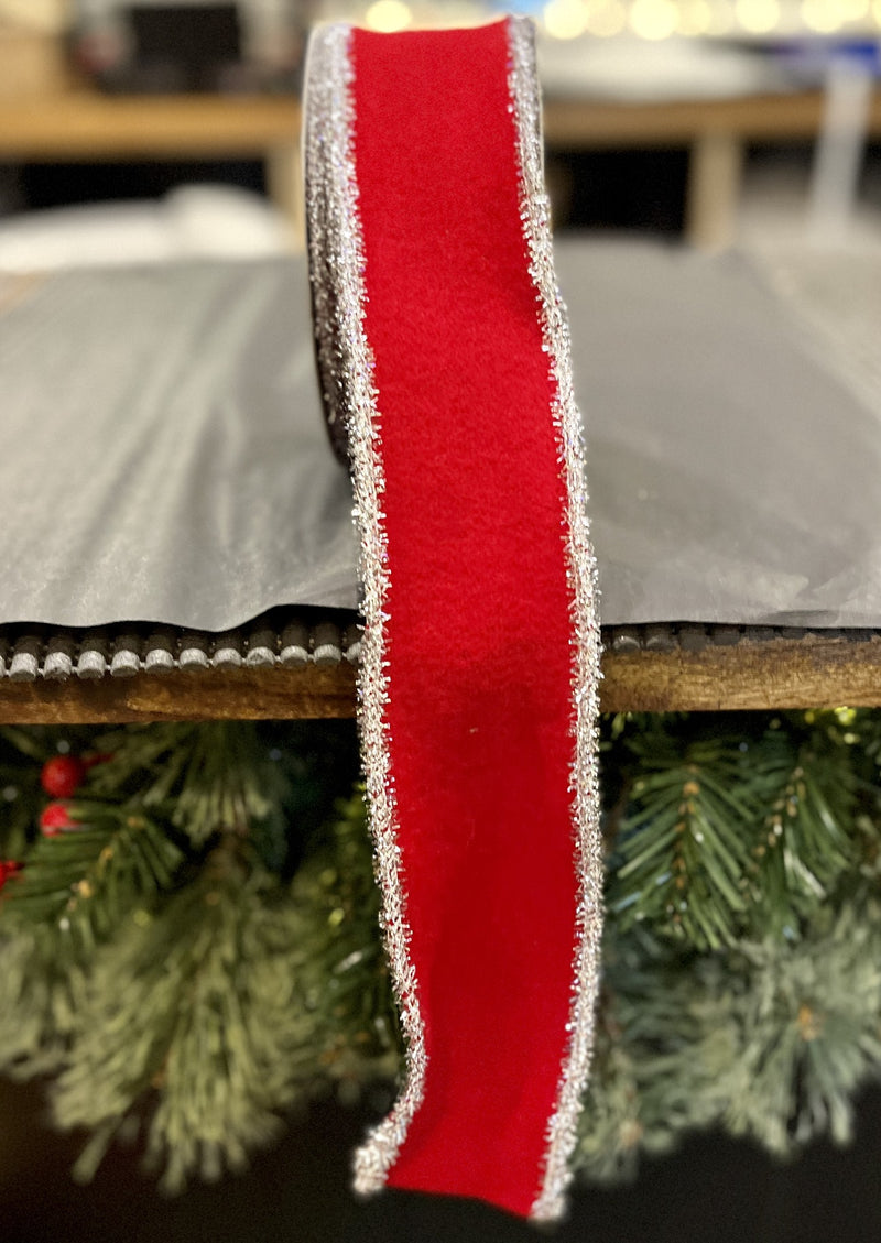 RED FELT WITH SILVER TINSEL EDGE 2.5 INCH RIBBON R4427751