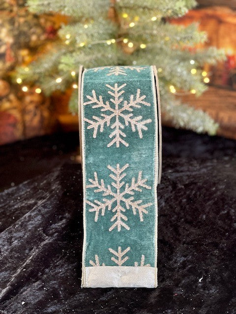 VELVET AQUA WITH PLATINUM SNOWFLAKE WIRE EDGED RIBBON 072425