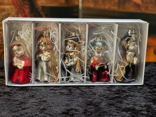 NATIVITY SET OF 5 GLASS ORNAMENTS 