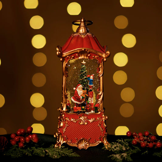 GLITTER LANTERN - ELEGANT RED AND GOLD WITH SANTA TURNING TRAIN JT32-1