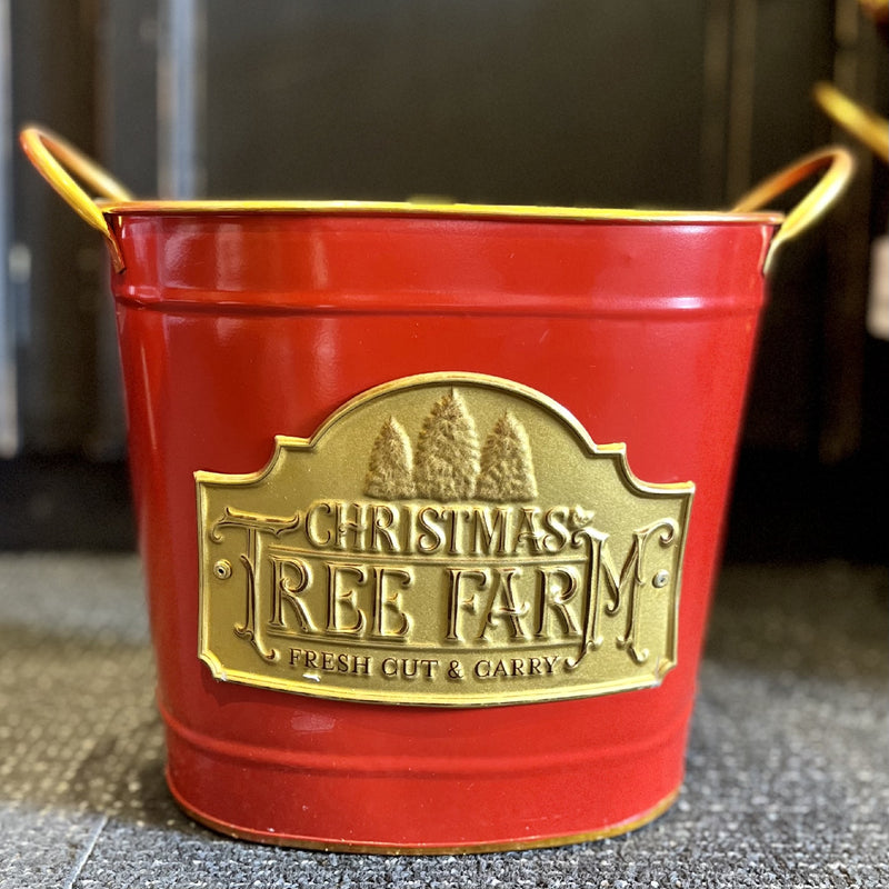 RED OVAL BUCKET WITH GOLD CHRISTMAS TREE FARM ACCENT SMALL 4312347