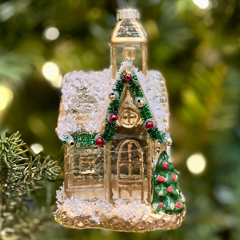CLEAR & GOLD CHURCH A GLASS HANGING ORNAMENT 4324586