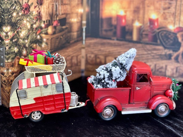 RED OLD STYLE PICK UP TRUCK WITH TREE