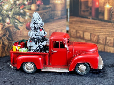 OLD STYLE RED PICK UP TRUCK WITH TREE AND GIFTS 