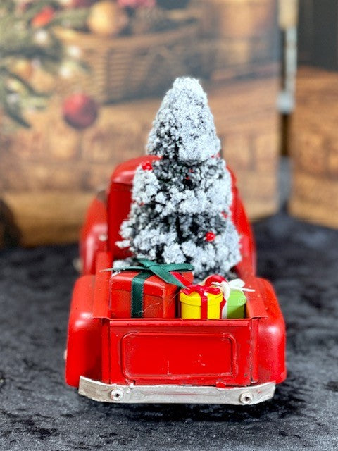 OLD STYLE RED PICK UP TRUCK WITH TREE AND GIFTS 