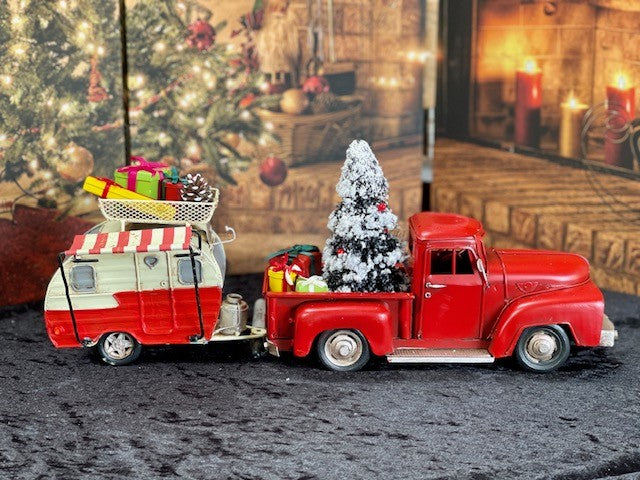 OLD STYLE RED PICK UP TRUCK WITH TREE AND GIFTS 