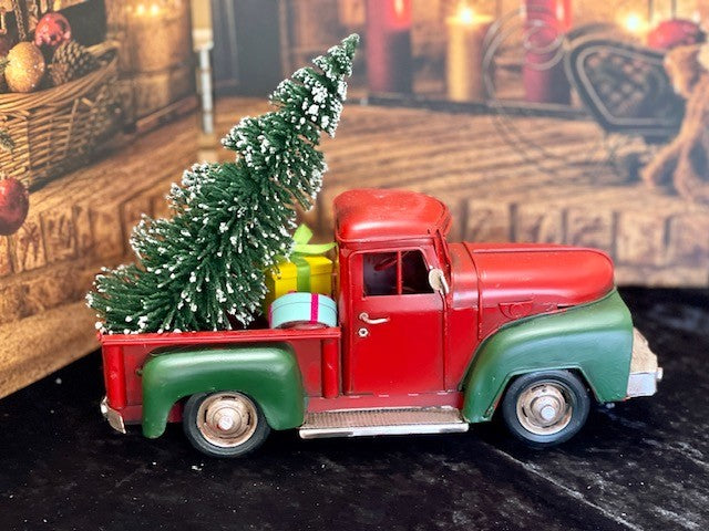 RED & GREEN OLD LARGE PICK UP TRUCK WITH TREE