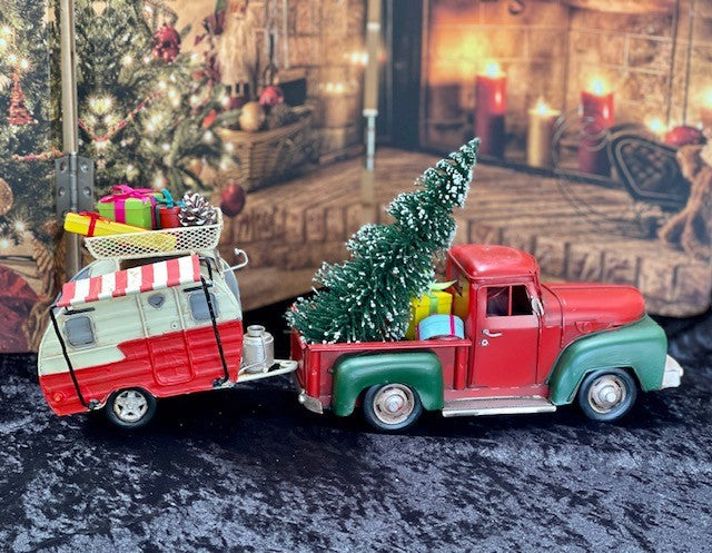 RED & GREEN OLD LARGE PICK UP TRUCK WITH TREE