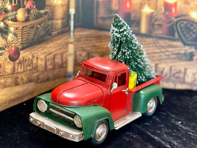 RED & GREEN OLD LARGE PICK UP TRUCK WITH TREE