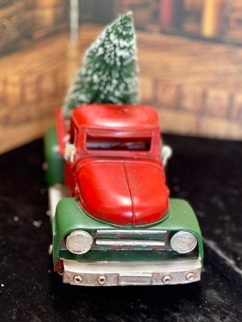 RED & GREEN OLD LARGE PICK UP TRUCK WITH TREE