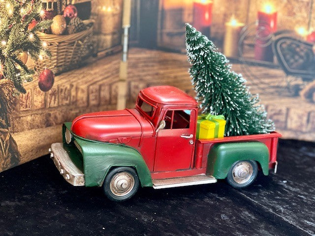 RED & GREEN OLD LARGE PICK UP TRUCK WITH TREE