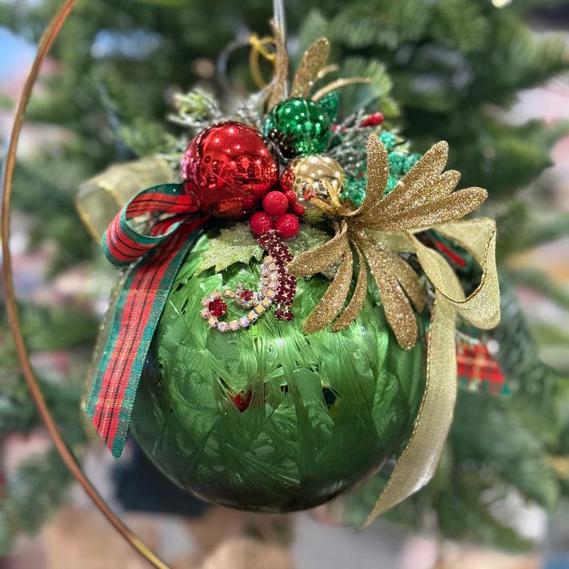 MARK ROBERTS FLORAL JEWELED FROSTED DARK GREEN 6 INCH ROUND ORNAMENT 36-54308