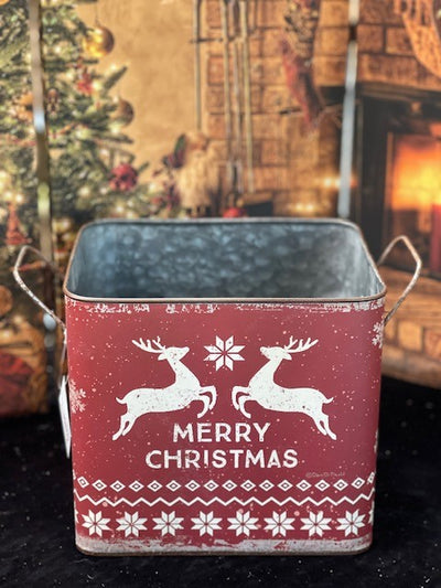 MERRY CHRISTMAS WITH RUSTY RED REINDEER SQUARE TIN BUCKET - LARGE 103878