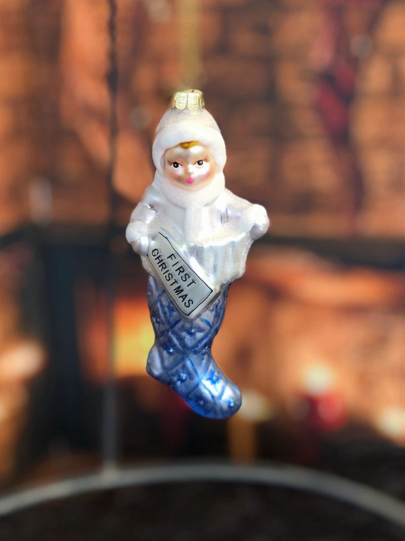 BLUE BABY IN STOCKING FIRST CHRISTMAS ORNAMENT