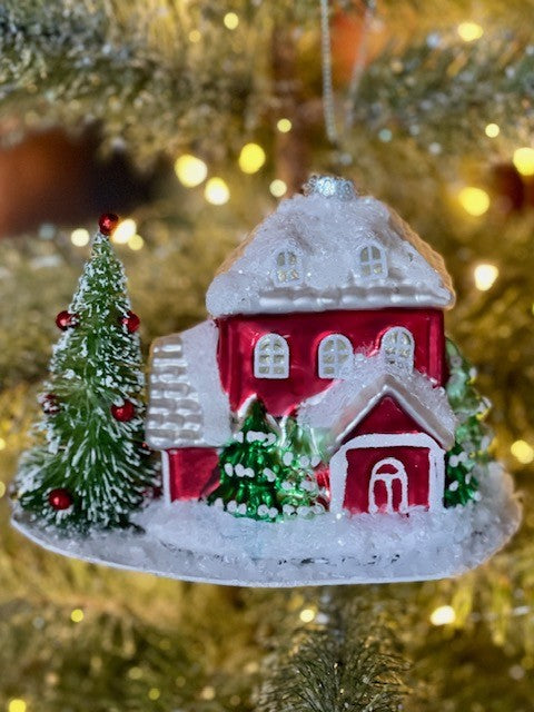 RED HOUSE WITH TREES HANGING ORNAMENT
