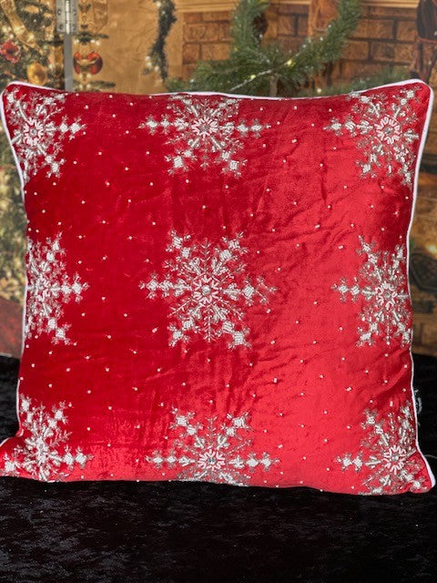 RED WITH IVORY SNOWFLAKE & DOT BEADED PILLOW