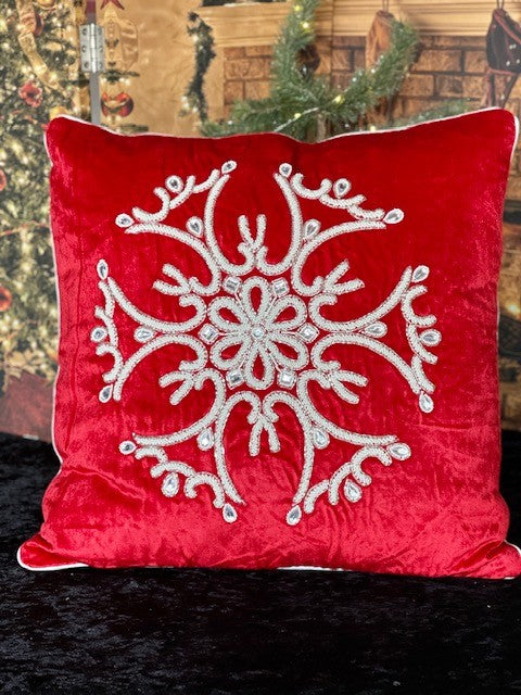 RED WITH IVORY SNOWFLAKE BEADED PILLOW