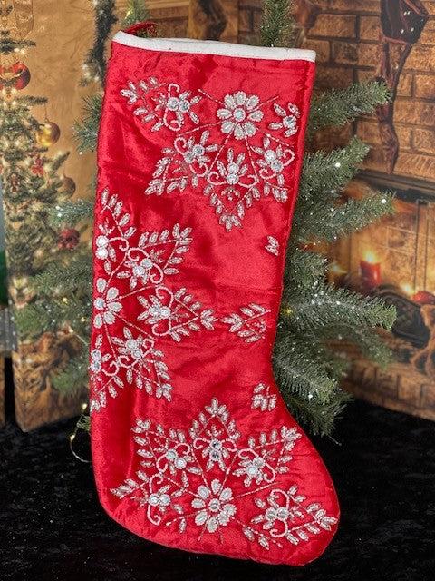 RED VELOUR WITH HAND BEADED FLORAL DESIGN STOCKING 202166