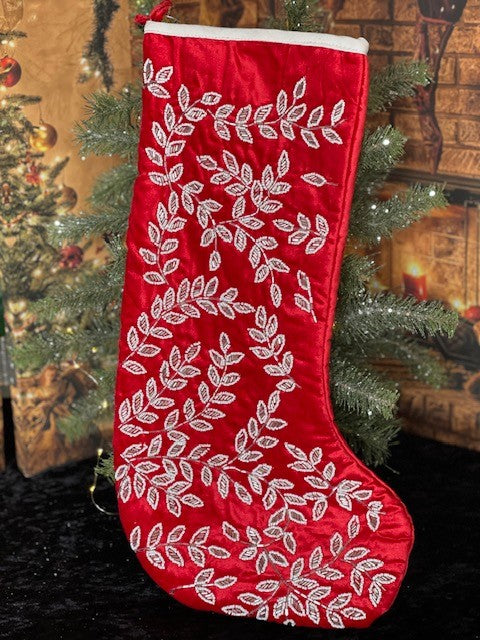 RED VELOUR WITH HAND BEADED LEAF DESIGN STOCKING 202158