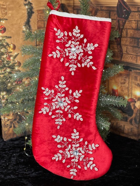 RED VELOUR WITH HAND BEADED SNOWFLAKE DESIGN STOCKING 202169