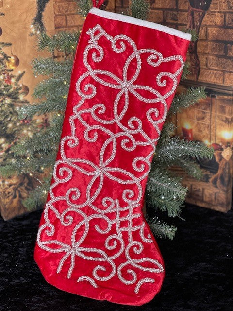 RED VELOUR WITH HAND BEADED SCROLLWORK DESIGN STOCKING 202163