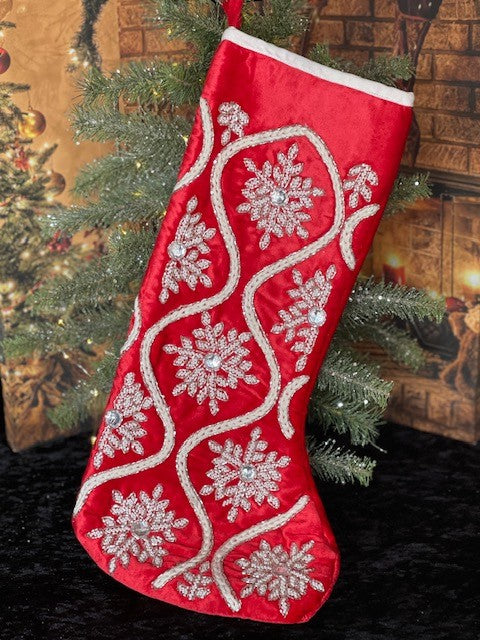 RED VELOUR WITH HAND BEADED SNOWFLAKE WAVE DESIGN STOCKING 202155
