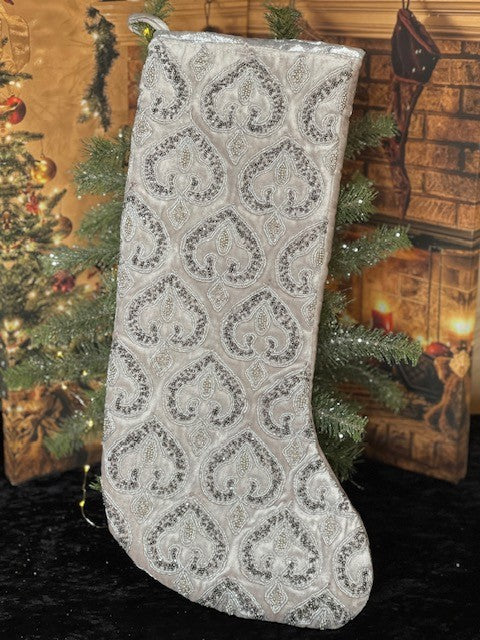 GREY VELOUR WITH HAND BEADED SCROLL DESIGN STOCKING