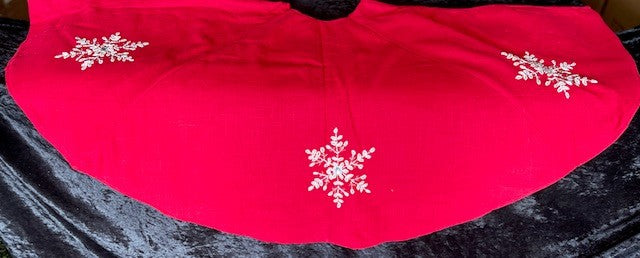RED LINEN WITH HAND BEADED SNOWFLAKE TREE SKIRT