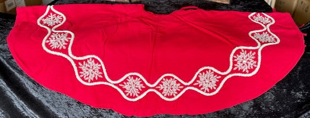RED LINEN WITH HAND BEADED SCROLL & SNOWFLAKE TREE SKIRT