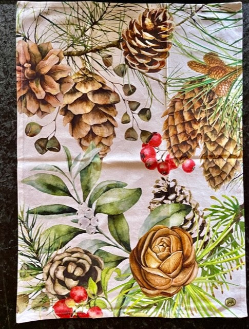 WHITE SPRUCE KITCHEN TEA TOWEL LARGE PINECONES TOW362