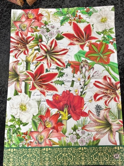 MERRY CHRISTMAS TEA TOWEL WITH AMARYLLIS & GREEN BORDER TOW346