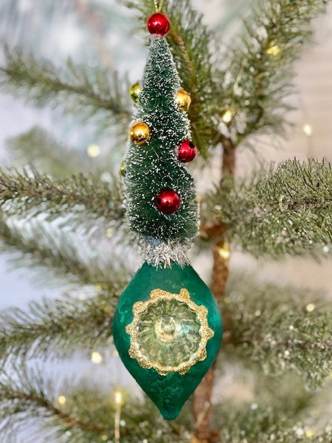 VINTAGE TEAL TEARDROP REFLECTOR WITH BRISTLE TREE HANGING ORNAMENT 4224610