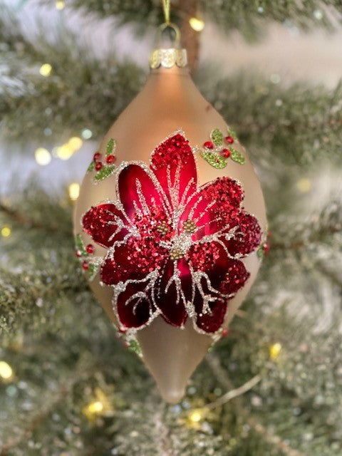 GOLD WITH GLITTER POINSETTIA TEARDROP GLASS HANGING ORNAMENT 4122856