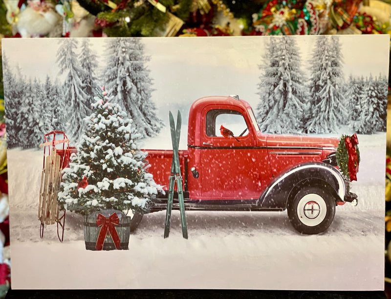 RED PICK UP TRUCK SNOWY SCENE WITH CARDINAL LIGHT UP CANVAS PRINT 53527B