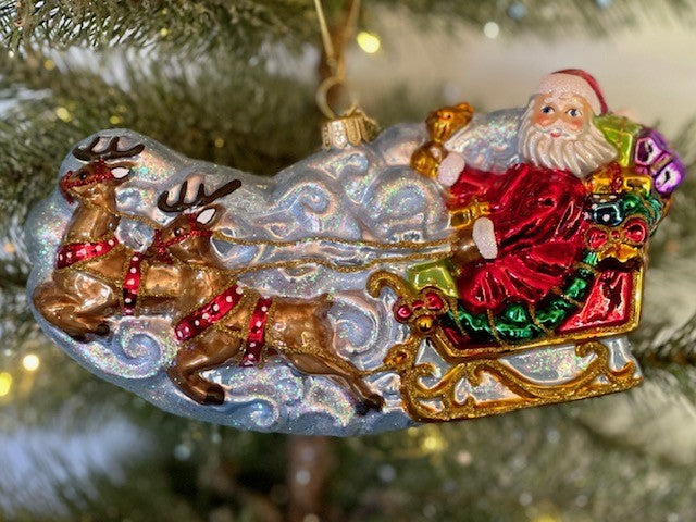 HURAS FAMILY GLASS ORNAMENTS - TRAVELLING SANTA ON CLOUD S348
