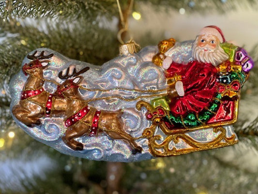 HURAS FAMILY GLASS ORNAMENTS - TRAVELLING SANTA ON CLOUD S348