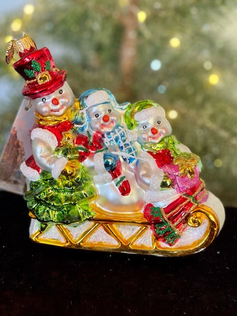 HURAS FAMILY GLASS ORNAMENTS - THREE SNOWMEN IN SLEIGH S420