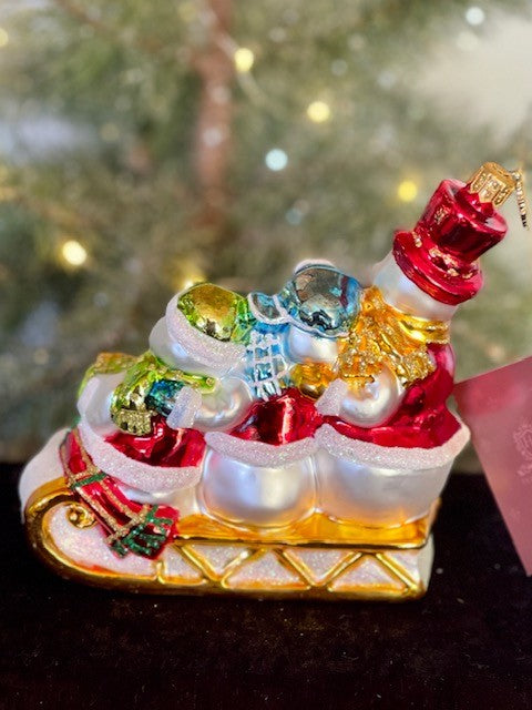 HURAS FAMILY GLASS ORNAMENTS - THREE SNOWMEN IN SLEIGH S420