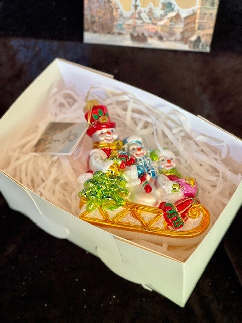 HURAS FAMILY GLASS ORNAMENTS - THREE SNOWMEN IN SLEIGH S420