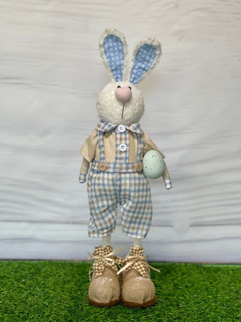 COUNTRY STANDING BOY BUNNY IN BLUE GINGHAM OVERALLS EA20440
