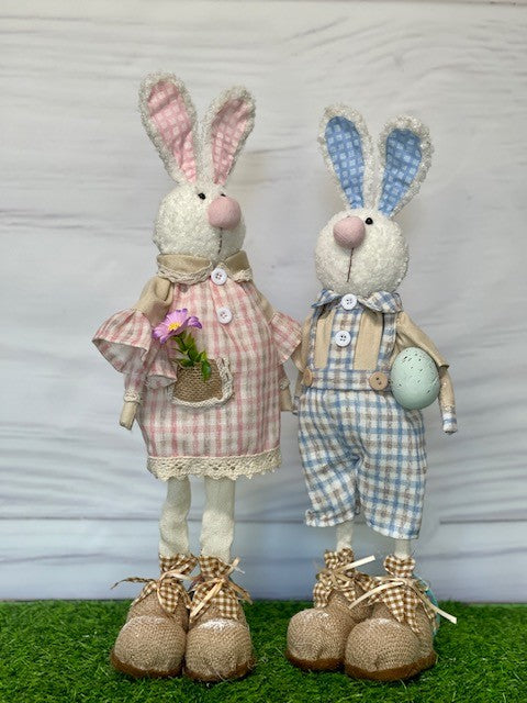 COUNTRY STANDING BOY BUNNY IN BLUE GINGHAM OVERALLS EA20440
