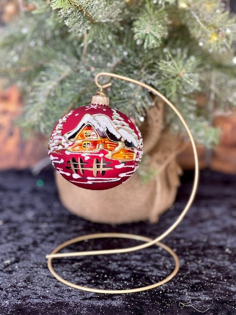 POLISH GLASS HANDPAINTED RED ORNAMENT WITH HOUSE AND TREE DESIGN