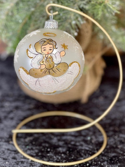 POLISH GLASS HANDPAINTED FROSTED ANGEL ORNAMENT