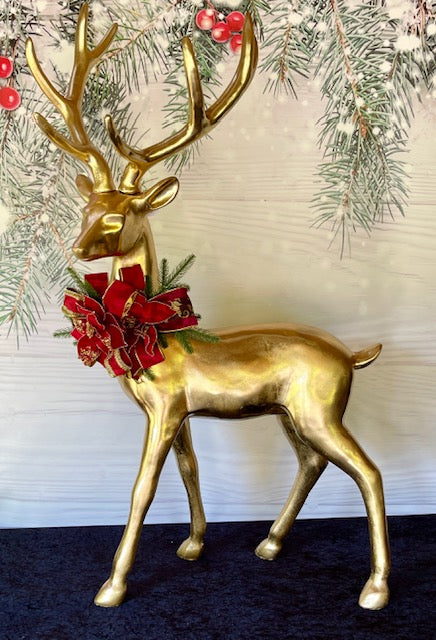 GOLD LARGE DEER STANDING WITH VELOUR BOW & POINSETTIA JTE139 (PICK UP IN STORE ONLY)
