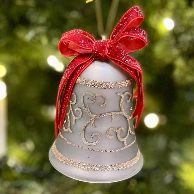 GOLD GLITTER SILVER BELL WITH RED BOW GLASS ORNAMENT 4320918