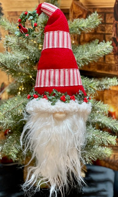 PLUSH GNOME HEAD RED & WHITE TICKING WITH HOLLY WREATH HANGING ORNAMENT 4216250