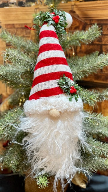PLUSH GNOME HEAD RED & WHITE STRIPE WITH HOLLY DETAIL HANGING ORNAMENT 4216250