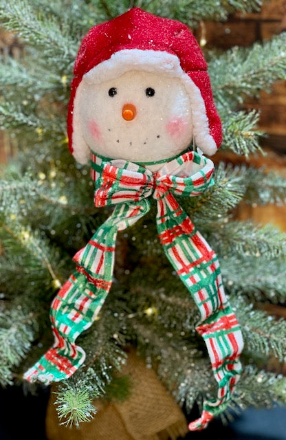 SNOWMAN HEAD WITH PLAID SCARF & HAT HANGING ORNAMENT 4216373