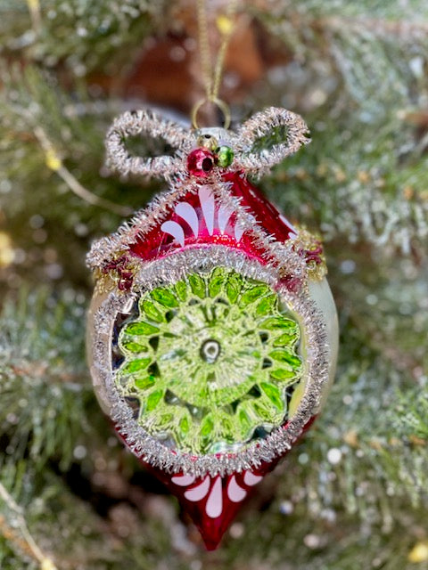VINTAGE TINSEL PINK WITH GREEN REFLECTOR ORNAMENT 4220032